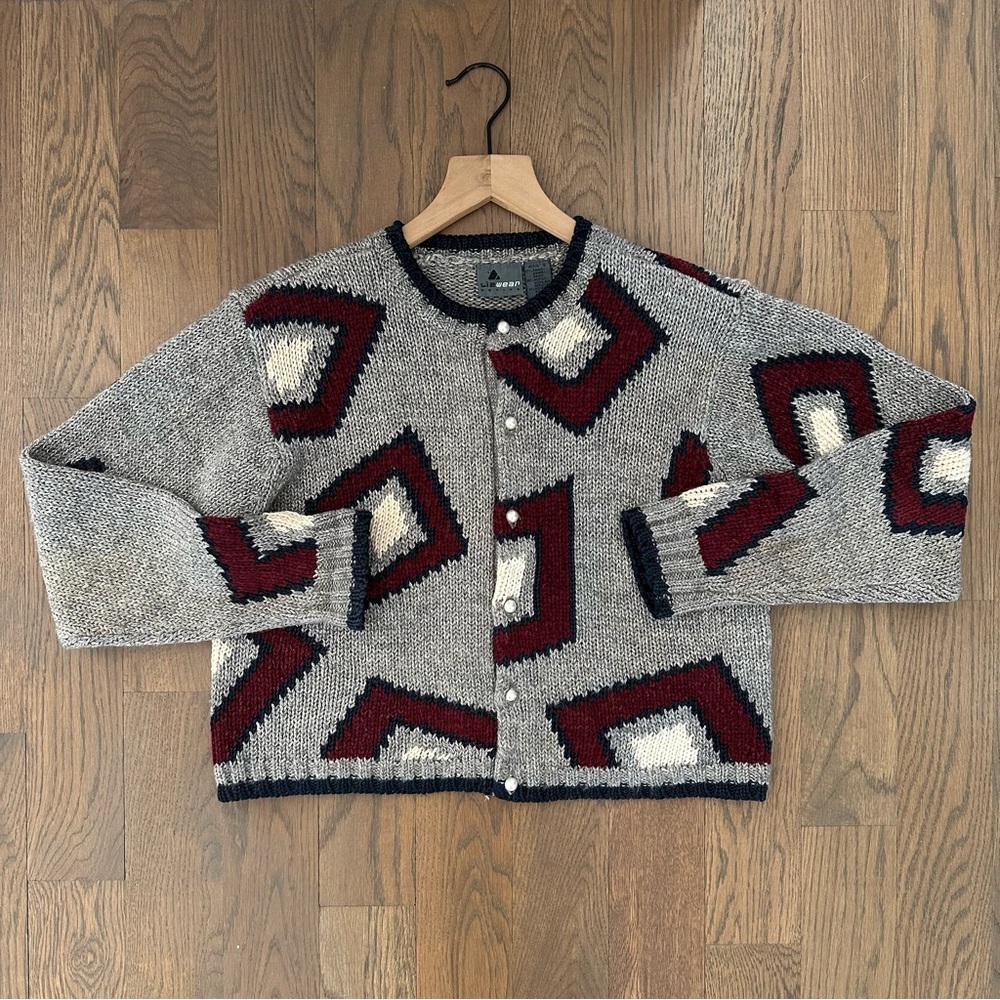 Vintage Geometric Crew Neck Cardigan Sweater Grey, Navy, Red, Cream Petite Small